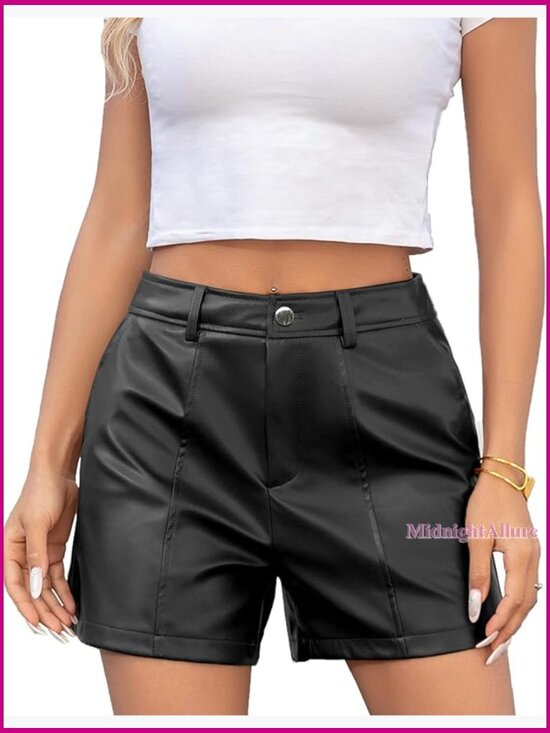 Pants - High Waisted Faux Leather Skort, Elastic Back, Regular Fit, Medium Weight